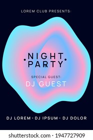 Music flyer. Minimal disco concert banner design. Fluid holographic gradient shape and line. Electronic sound. Night dance lifestyle holiday. Poster for summer fest and music flyer.