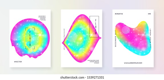 Music flyer. Minimal magazine layout set for disco event. Electronic sound. Night dance holiday. Fluid holographic gradient shape and line. Music flyer and poster for summer fest.