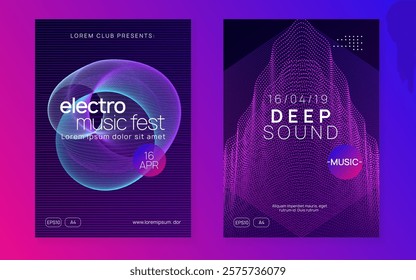 Music Flyer. Night Club Festival Element. Psychedelic Disco Invitation. Party Design. Trance Vector. Green Techno Banner. Blue Dance Poster. Violet Music Flyer