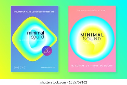 Music flyer set. Abstract electro concert cover design. Fluid holographic gradient shape and line. Electronic sound. Night dance lifestyle holiday. Poster for summer fest and music flyer.