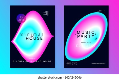 Music flyer set. Abstract electro event magazine template. Electronic sound. Night dance lifestyle holiday. Fluid holographic gradient shape and line. Poster for summer fest and music flyer.