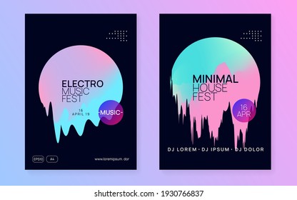 Music flyer set. Abstract electro concert cover design. Fluid holographic gradient shape and line. Electronic sound. Night dance lifestyle holiday. Poster for summer fest and music flyer.