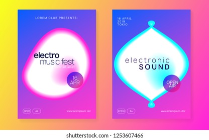 Music flyer set. Bright trance event presentation layout. Fluid holographic gradient shape and line. Electronic sound. Night dance lifestyle holiday. Poster for summer fest and music flyer.