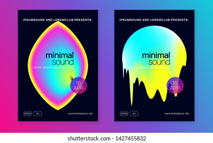 Music flyer set. Bright trance club cover template. Fluid holographic gradient shape and line. Electronic sound. Night dance lifestyle holiday. Poster for summer fest and music flyer.