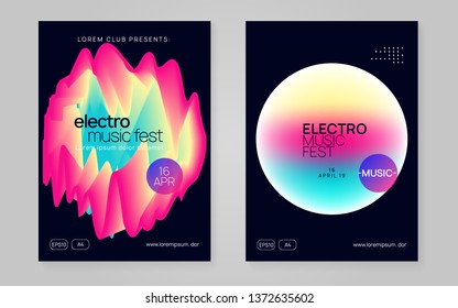 Music flyer set. Commercial trance party presentation design. Fluid holographic gradient shape and line. Electronic sound. Night dance lifestyle holiday. Poster for summer fest and music flyer.