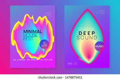Music flyer set. Commercial trance club magazine design. Electronic sound. Night dance lifestyle holiday. Fluid holographic gradient shape and line. Poster for summer fest and music flyer.