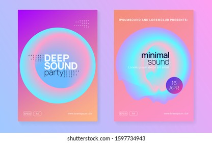 Music flyer set. Cool house concert brochure template. Fluid holographic gradient shape and line. Electronic sound. Night dance lifestyle holiday. Poster for summer fest and music flyer.