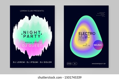 Music flyer set. Cool techno concert invitation design. Fluid holographic gradient shape and line. Electronic sound. Night dance lifestyle holiday. Poster for summer fest and music flyer.