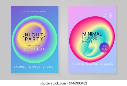 Music flyer set. Creative indie club brochure design. Electronic sound. Night dance lifestyle holiday. Fluid holographic gradient shape and line. Poster for summer fest and music flyer.