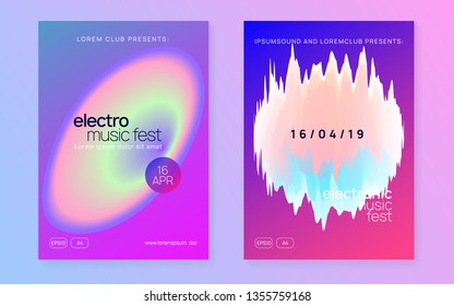 Music flyer set. Dynamic house event brochure design. Fluid holographic gradient shape and line. Electronic sound. Night dance lifestyle holiday. Poster for summer fest and music flyer.