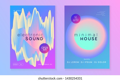 Music flyer set. Dynamic techno show presentation design. Electronic sound. Night dance lifestyle holiday. Fluid holographic gradient shape and line. Poster for summer fest and music flyer.
