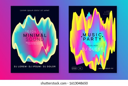 Music flyer set. Dynamic trance club cover design. Fluid holographic gradient shape and line. Electronic sound. Night dance lifestyle holiday. Poster for summer fest and music flyer.