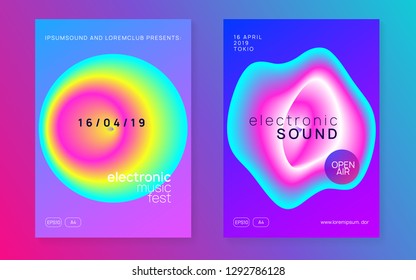 Music flyer set. Electronic sound. Night dance lifestyle holiday. Fluid holographic gradient shape and line. Bright disco event invitation layout. Poster for summer fest and music flyer.