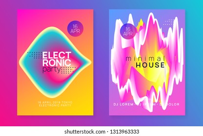 Music flyer set. Electronic sound. Night dance lifestyle holiday. Commercial trance show presentation template. Fluid holographic gradient shape and line. Poster for summer fest and music flyer.