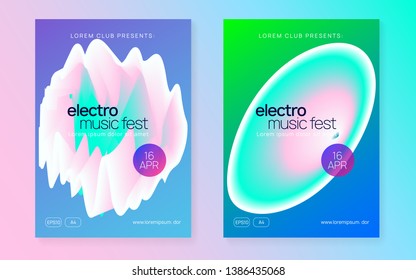 Music flyer set. Electronic sound. Night dance lifestyle holiday. Abstract techno club banner design. Fluid holographic gradient shape and line. Poster for summer fest and music flyer.