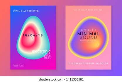 Music flyer set. Electronic sound. Night dance lifestyle holiday. Bright house show invitation layout. Fluid holographic gradient shape and line. Poster for summer fest and music flyer.