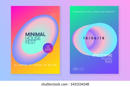 Music flyer set. Electronic sound. Night dance lifestyle holiday. Fluid holographic gradient shape and line. Wavy electro club brochure layout. Poster for summer fest and music flyer.