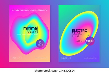 Music flyer set. Electronic sound. Night dance lifestyle holiday. Wavy disco club banner design. Fluid holographic gradient shape and line. Poster for summer fest and music flyer.