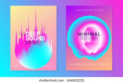 Music flyer set. Electronic sound. Night dance lifestyle holiday. Fluid holographic gradient shape and line. Bright disco show invitation design. Poster for summer fest and music flyer.