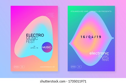 Music flyer set. Electronic sound. Night dance lifestyle holiday. Fluid holographic gradient shape and line. Modern trance show invitation layout. Poster for summer fest and music flyer.