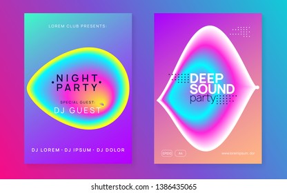 Music flyer set. Feminine house club invitation template. Electronic sound. Night dance lifestyle holiday. Fluid holographic gradient shape and line. Poster for summer fest and music flyer.