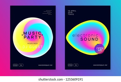 Music flyer set. Fluid holographic gradient shape and line. Electronic sound. Night dance lifestyle holiday. Cool disco show presentation layout. Poster for summer fest and music flyer.