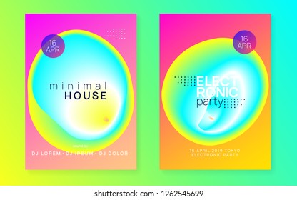 Music flyer set. Fluid holographic gradient shape and line. Electronic sound. Night dance lifestyle holiday. Geometric indie party brochure layout. Poster for summer fest and music flyer.