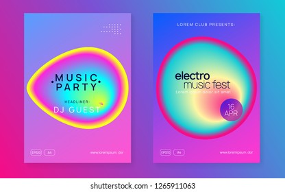 Music flyer set. Fluid holographic gradient shape and line. Geometric trance show brochure design. Electronic sound. Night dance lifestyle holiday. Poster for summer fest and music flyer.