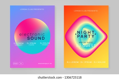 Music flyer set. Fluid holographic gradient shape and line. Electronic sound. Night dance lifestyle holiday. Modern house show invitation template. Poster for summer fest and music flyer.