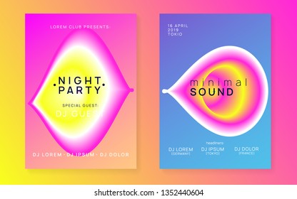 Music flyer set. Fluid holographic gradient shape and line. Futuristic electro event magazine template. Electronic sound. Night dance lifestyle holiday. Poster for summer fest and music flyer.