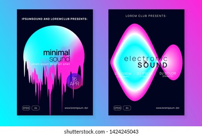 Music flyer set. Fluid holographic gradient shape and line. Electronic sound. Night dance lifestyle holiday. Wavy disco concert magazine template. Poster for summer fest and music flyer.