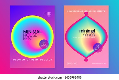 Music flyer set. Fluid holographic gradient shape and line. Electronic sound. Night dance lifestyle holiday. Bright house event brochure layout. Poster for summer fest and music flyer.
