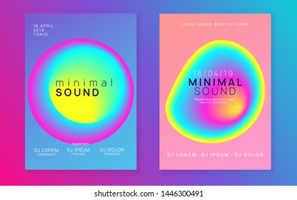 Music flyer set. Fluid holographic gradient shape and line. Electronic sound. Night dance lifestyle holiday. Cool techno concert cover template. Poster for summer fest and music flyer.