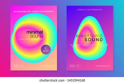 Music flyer set. Fluid holographic gradient shape and line. Electronic sound. Night dance lifestyle holiday. Creative techno concert banner template. Poster for summer fest and music flyer.