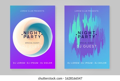Music flyer set. Fluid holographic gradient shape and line. Abstract techno event presentation template. Electronic sound. Night dance lifestyle holiday. Poster for summer fest and music flyer.