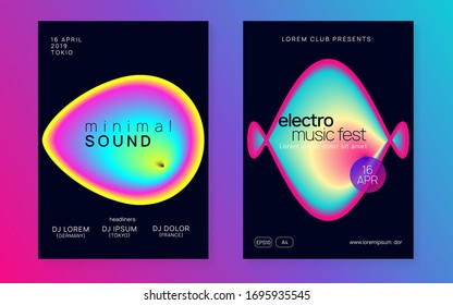 Music flyer set. Fluid holographic gradient shape and line. Cool techno party brochure template. Electronic sound. Night dance lifestyle holiday. Poster for summer fest and music flyer.