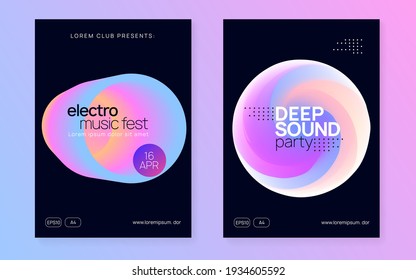 Music flyer set. Fluid holographic gradient shape and line. Electronic sound. Night dance lifestyle holiday. Cool disco show cover layout. Poster for summer fest and music flyer.