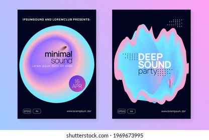 Music flyer set. Fluid holographic gradient shape and line. Electronic sound. Night dance lifestyle holiday. Creative trance event magazine template. Poster for summer fest and music flyer.