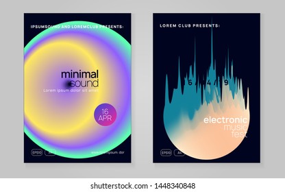 Music flyer set. Geometric house event presentation design. Fluid holographic gradient shape and line. Electronic sound. Night dance lifestyle holiday. Poster for summer fest and music flyer.