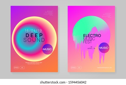 Music flyer set. Minimal techno concert magazine layout. Fluid holographic gradient shape and line. Electronic sound. Night dance lifestyle holiday. Poster for summer fest and music flyer.