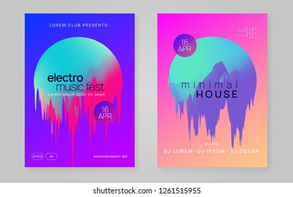 Music Flyer Set. Modern Techno Club Invitation Template. Electronic Sound. Night Dance Lifestyle Holiday. Fluid Holographic Gradient Shape And Line. Poster For Summer Fest And Music Flyer.