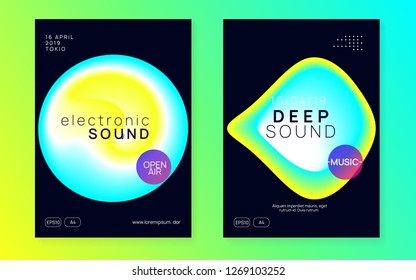 Music flyer set. Trendy electro club presentation layout. Fluid holographic gradient shape and line. Electronic sound. Night dance lifestyle holiday. Poster for summer fest and music flyer.