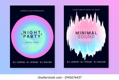 Music flyer set. Trendy indie club brochure template. Electronic sound. Night dance lifestyle holiday. Fluid holographic gradient shape and line. Poster for summer fest and music flyer.