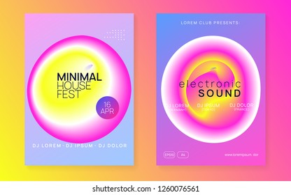 Music flyer set. Wavy electro event magazine template. Fluid holographic gradient shape and line. Electronic sound. Night dance lifestyle holiday. Poster for summer fest and music flyer.