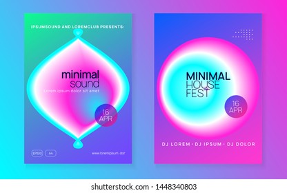 Music flyer set. Wavy techno show cover layout. Fluid holographic gradient shape and line. Electronic sound. Night dance lifestyle holiday. Poster for summer fest and music flyer.