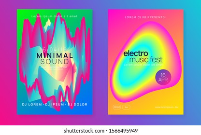 Music flyer set. Wavy techno party invitation design. Fluid holographic gradient shape and line. Electronic sound. Night dance lifestyle holiday. Poster for summer fest and music flyer.
