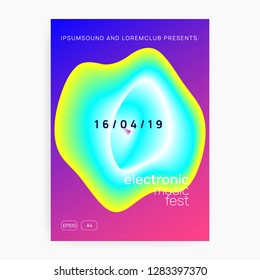 Music flyer. Wavy electro concert cover design. Fluid holographic gradient shape and line. Electronic sound. Night dance lifestyle holiday. Poster for summer fest and music flyer.