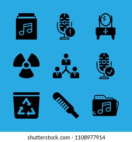 music folder, collaboration, thermometer, cupboard, microphone, radioactive, microphone, recycle bin and music album vector icon. Simple icons set