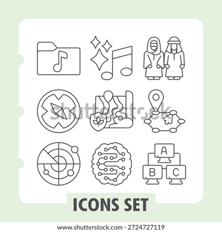 Music folder, compass, radar simple icons set featuring navigation, travel, networking items in outline style for web apps and print on white background. Vector graphics. Set of nine thin line icons