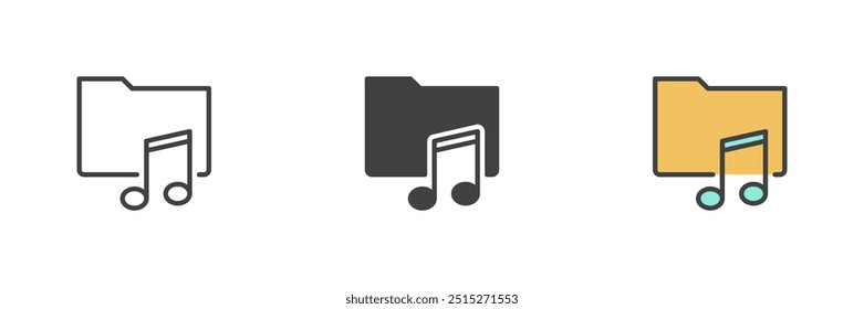 Music folder different style icon set. Line, glyph and filled outline colorful version, outline and filled vector sign. Audio media file symbol, logo illustration. Vector graphics